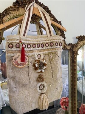 Rubyyaya Boho Embellished Cream Tote Bag with Tassel Detail made in Australia